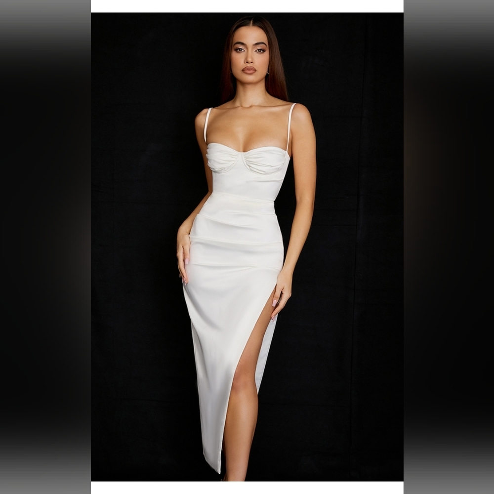 House of CB Cream Satin High-Slit Maxi Dress